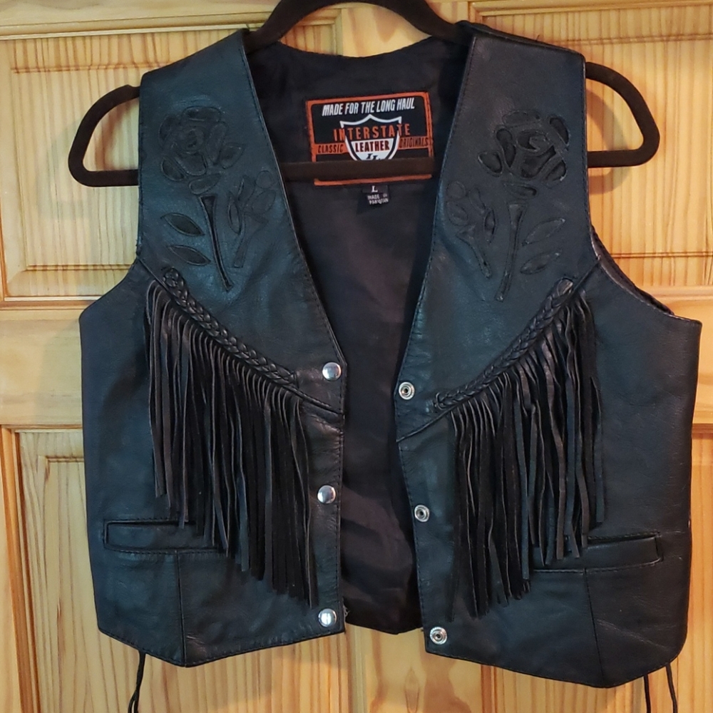 Black leather motorcycle vest